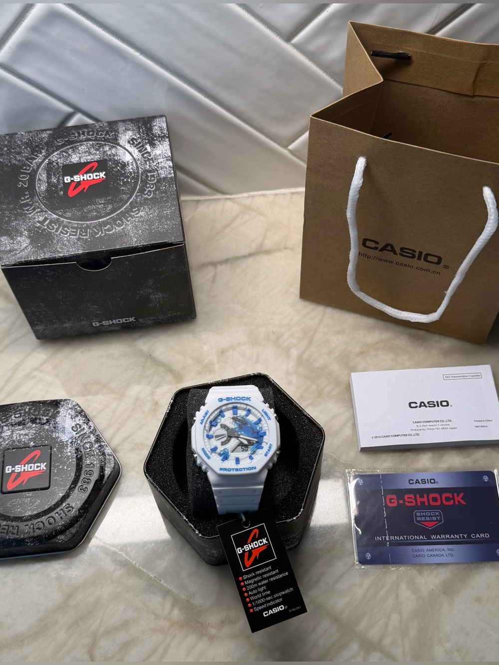 Casio G-Shock White and Light Blue Men's Watch with Box